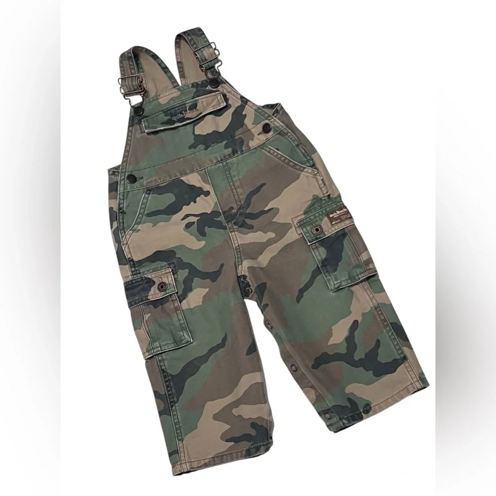 OshKosh b'gosh Vestbak Camo Cargo Overalls 18 Months Snap Leg Distressed Army